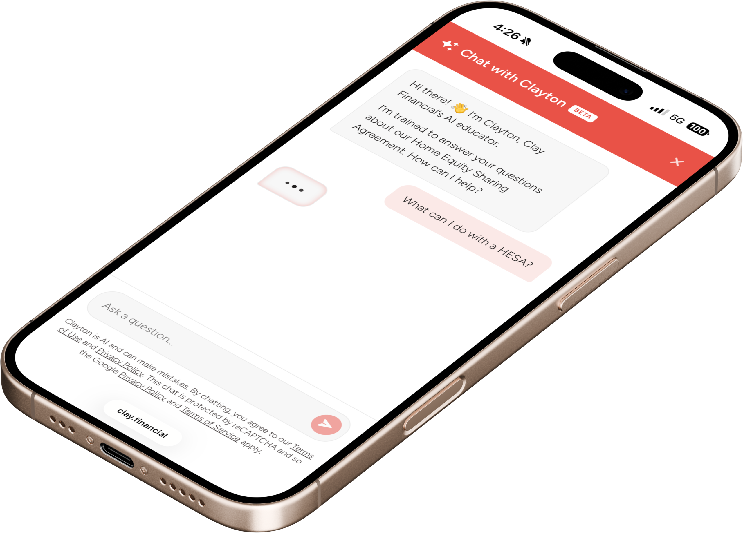 iPhone open to Clay Financial's Clayton AI educator in the middle of a chat about what Clay's Home Equity Sharing Agreement is.