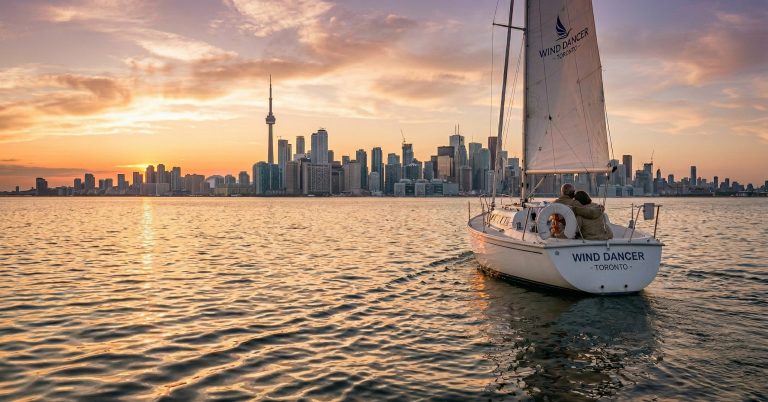 A retired couple embrace as they watch the sunset over Toronto from their small sailboat.
