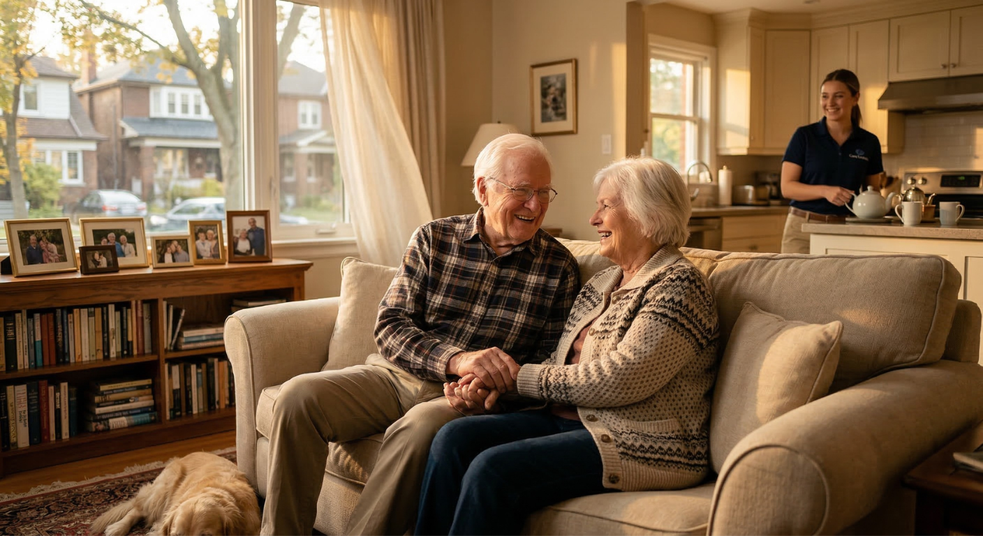 A retired couple sit together while a home care support worker makes tea in the kitchen for them